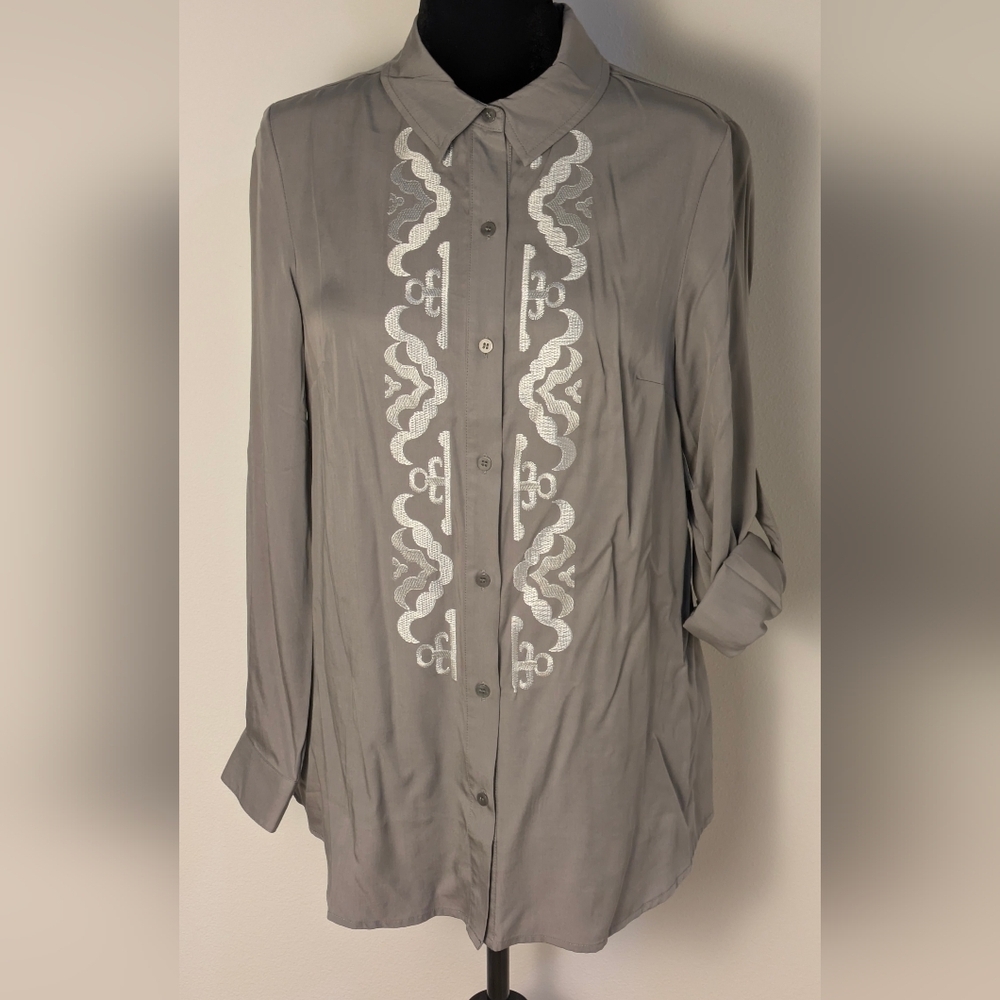 Shahalie Womens Button Up Shirt Tunic Embroidered Ladies Sz M TAUPE Lyocell New